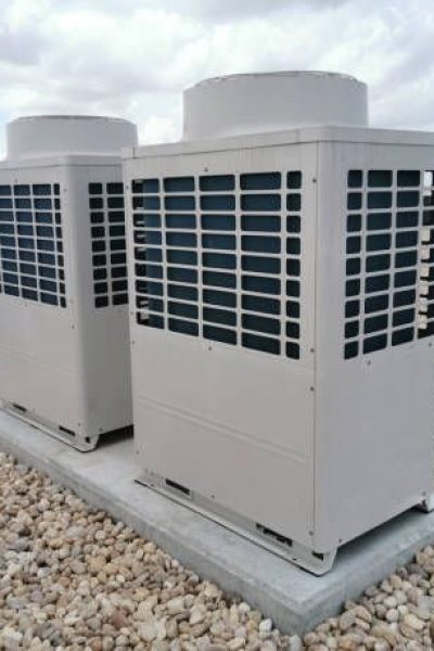 View of exterior VRV air conditioning units, extraction and insufflation, HVAC system, on the building roof...